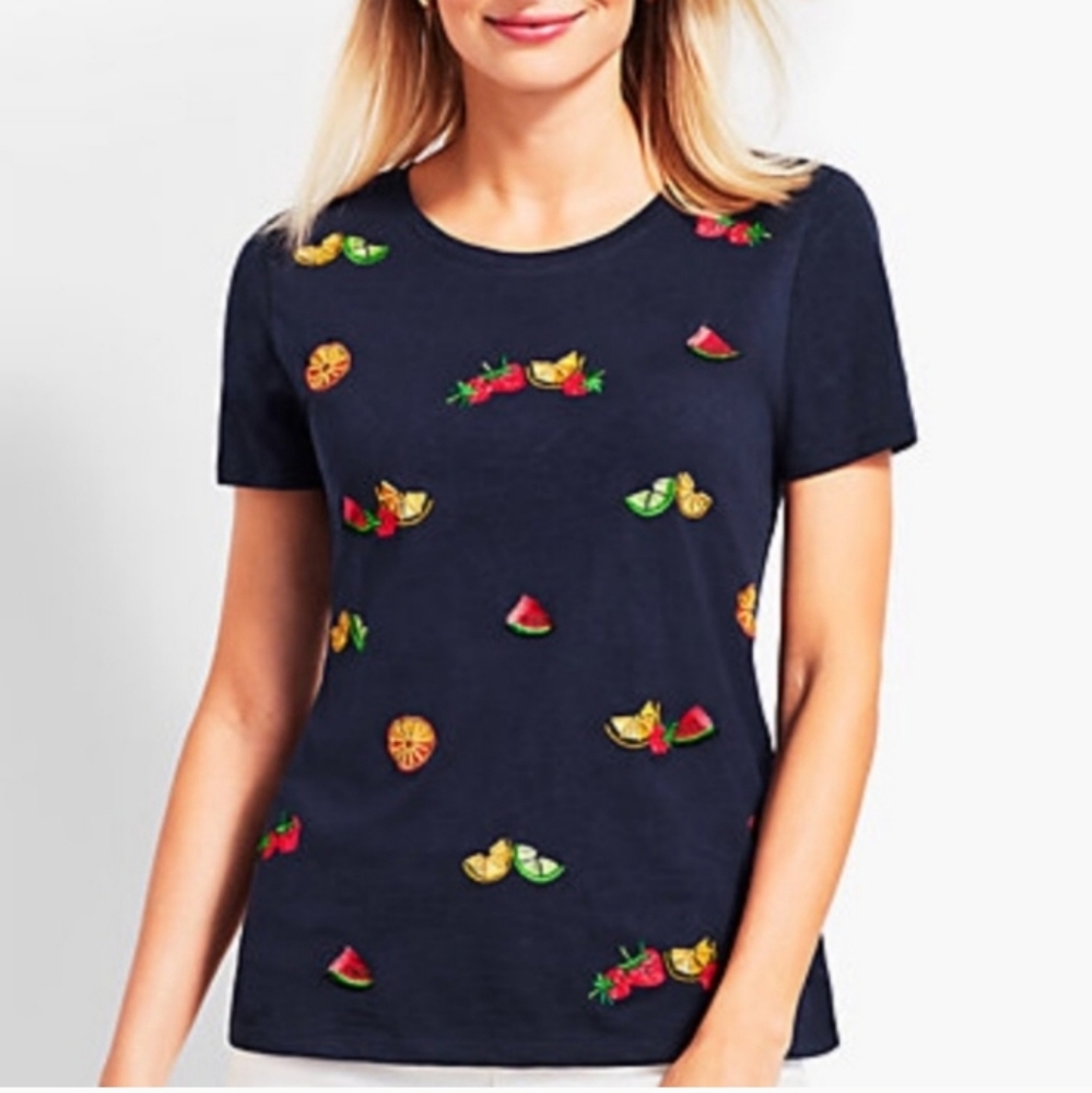 Talbots Embroidered Beaded Applique Fruit Tee Sz L